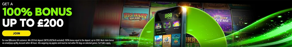 Casino promotional banner advertising a 100% bonus up to £200, featuring a smartphone displaying the 888 Casino app, green glow effects, slot game thumbnails in the background, and a yellow “Join” call-to-action button.