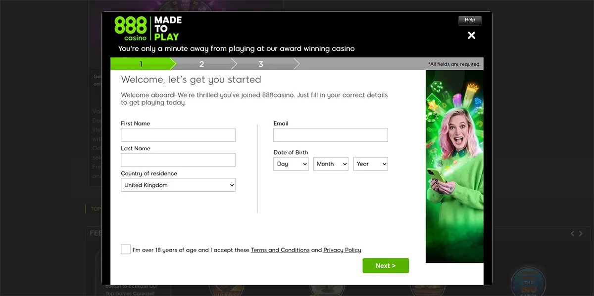 888casino registration screen showing step 1 of a multi-step sign-up process with fields for name, email, date of birth, and country of residence, an age and terms acceptance checkbox, a green “Next” button, and a promotional image of a smiling player holding a phone on the right.